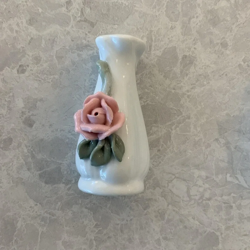 White Salt and Pepper Shakers Raised Pink Rose Rosebud w/Green Leaves Porcelain